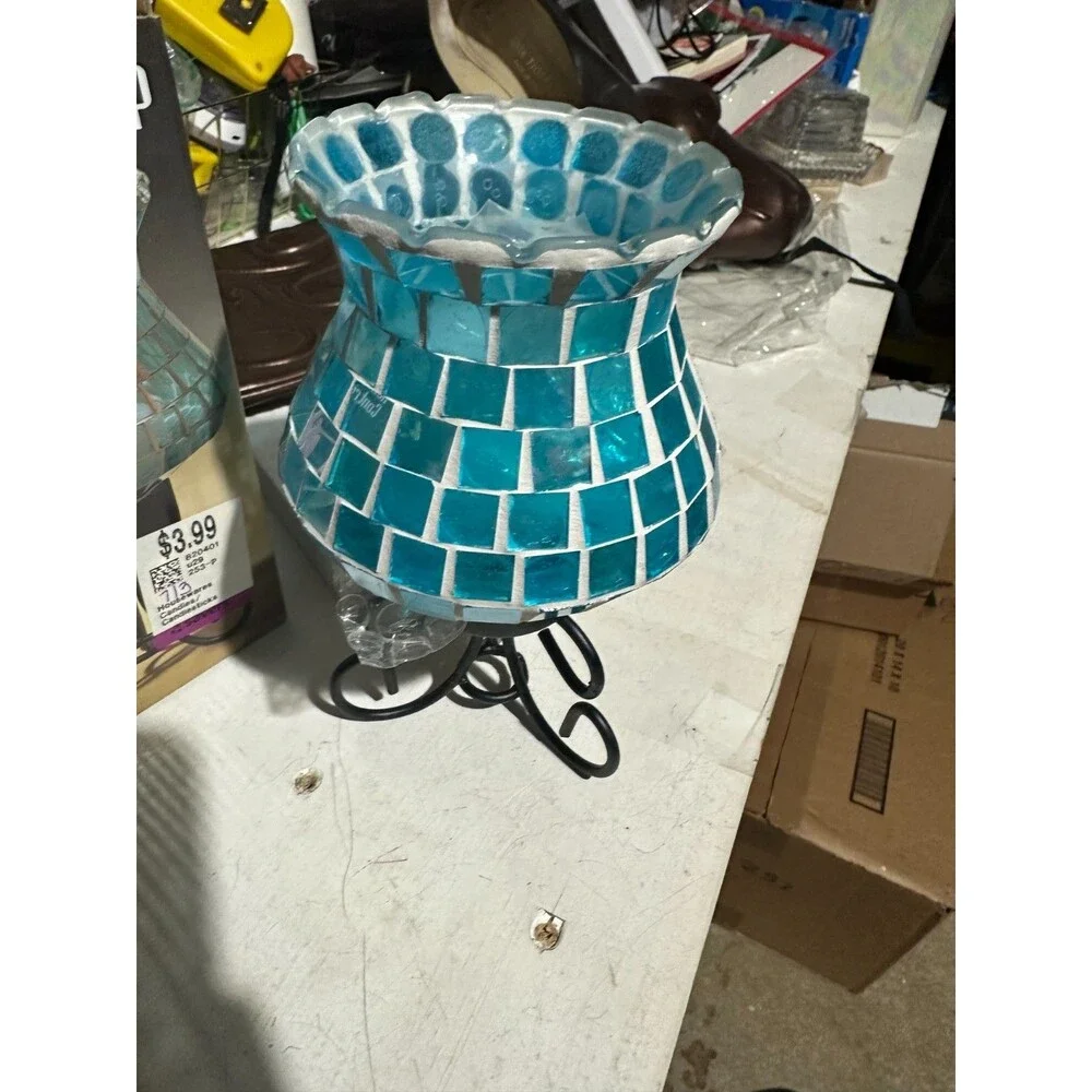 Tech Tools Mosaic Glass Lamp with Remote Control Wrought Iron Stand Set Of 2
